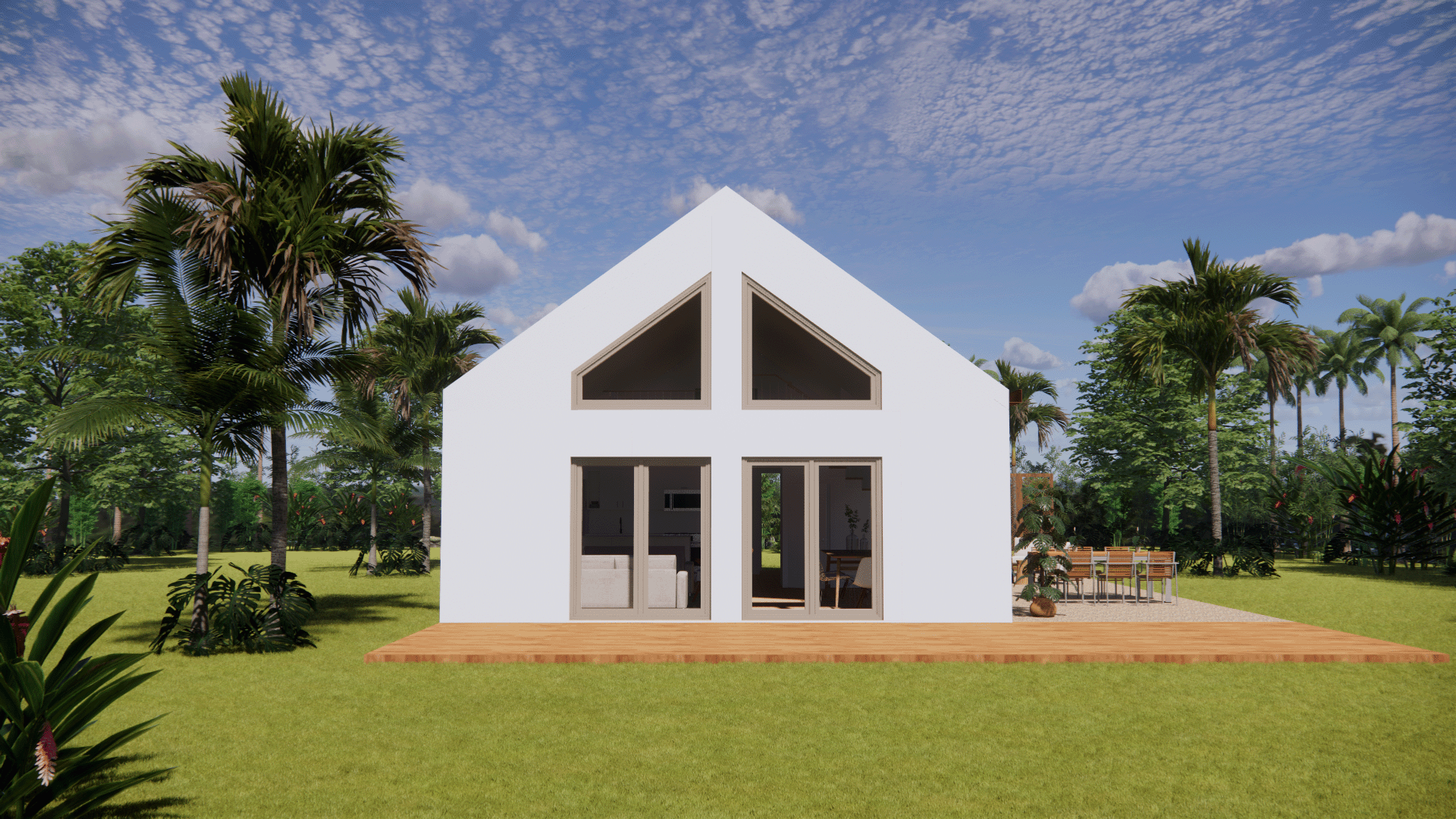 a front side small home in a triangle shape.